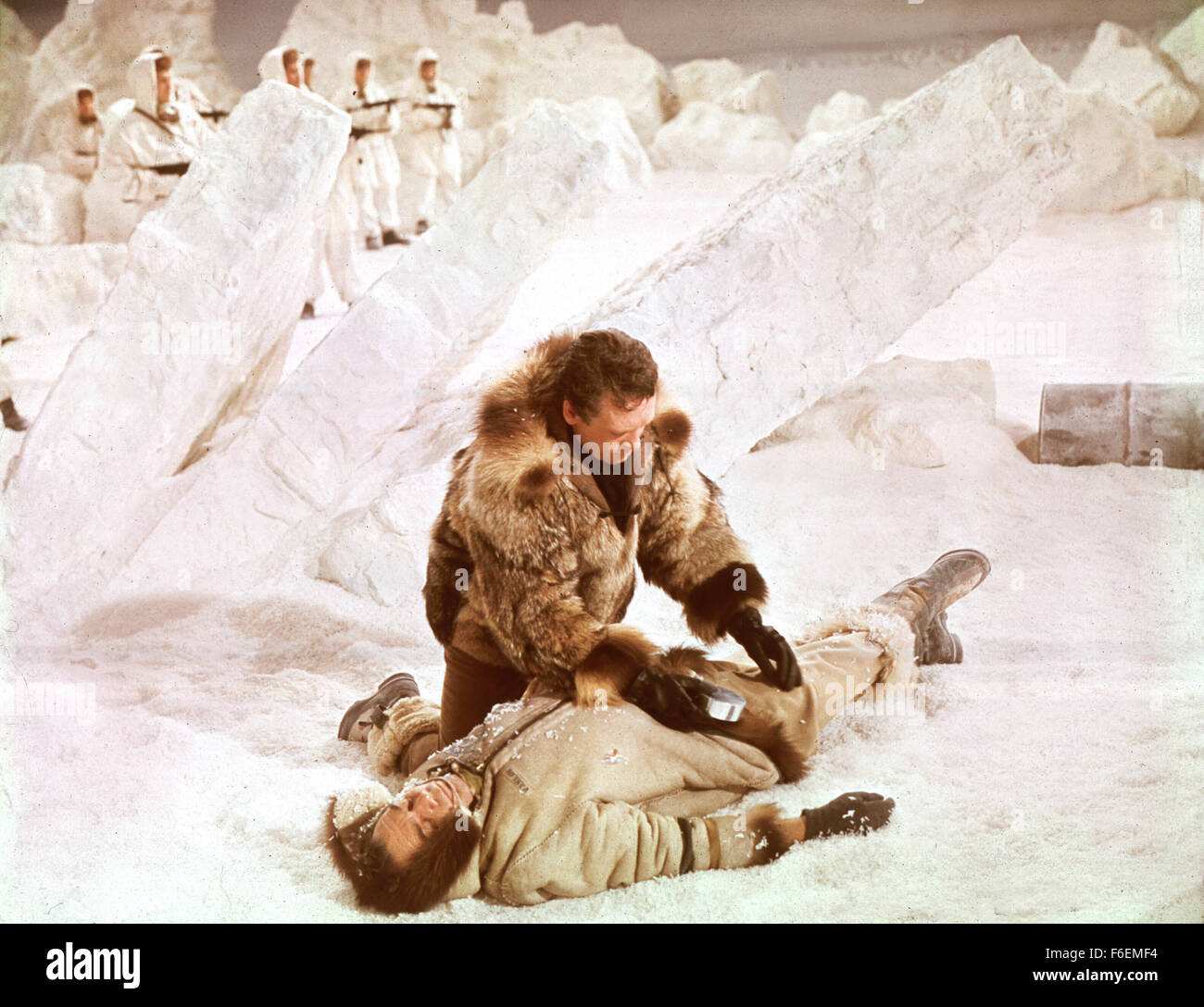 RELEASE DATE: October 23, 1968. MOVIE TITLE: Ice Station Zebra. STUDIO: Filmways Pictures. PLOT: Commander James Ferraday, USN, has new orders: get David Jones, a British civilian, Captain Anders, a tough Marine with a platoon of troops, Boris Vasilov, a friendly Russian, and the crew of the nuclear sub USS Tigerfish to the North Pole to rescue the crew of Drift Ice Station Zebra, a weather station at the top of the world. The mission takes on new and dangerous twists as the crew finds out that all is not as it seems at Zebra, and that someone will stop at nothing to prevent the mission from b Stock Photo