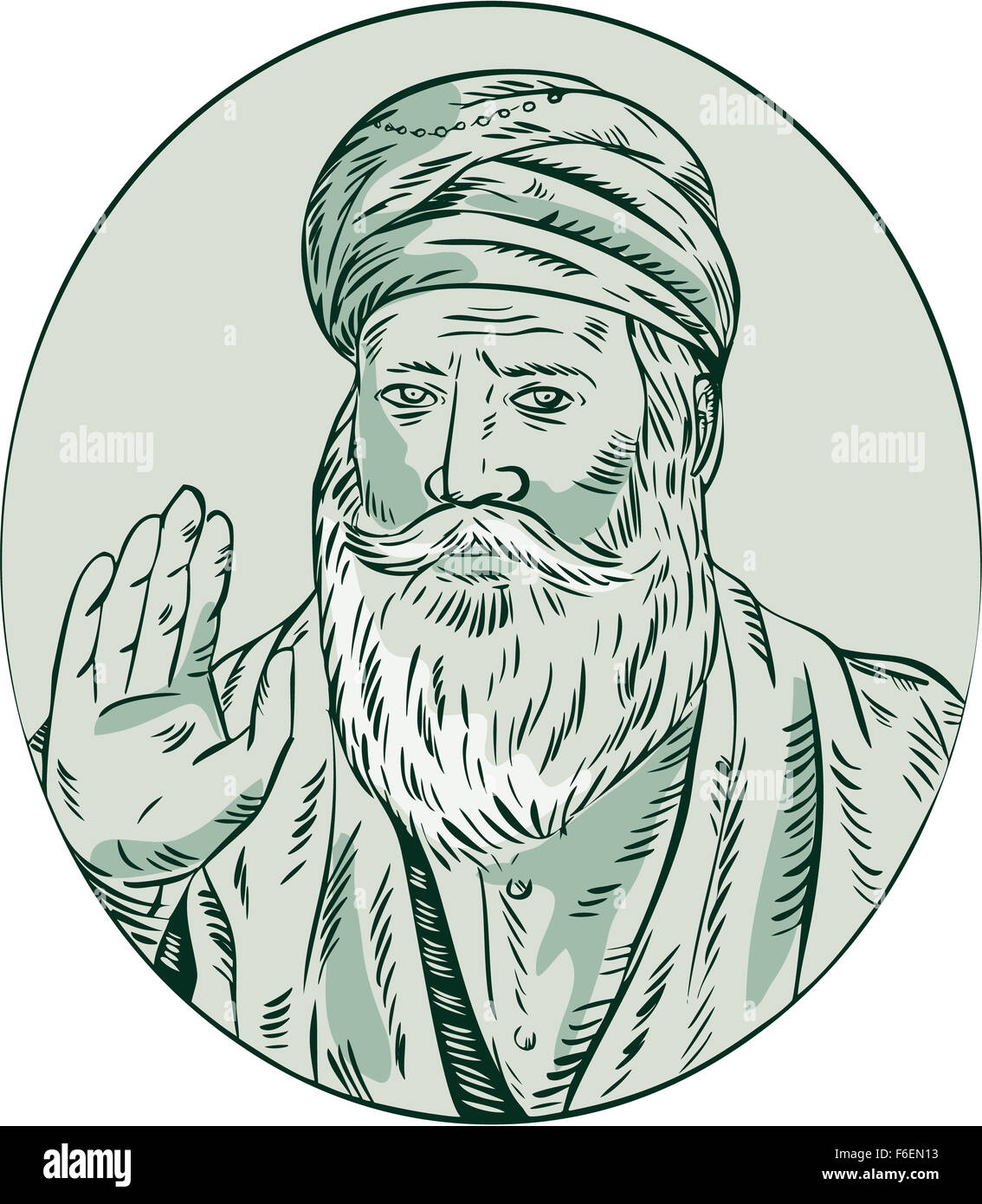 Etching engraving handmade style illustration of a Sikh guru nanak ji priest waving viewed from front set inside oval. Stock Photo
