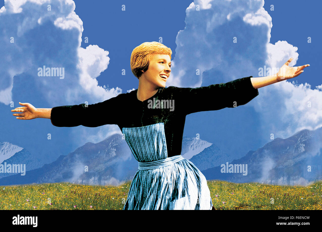 Film Title:  THE SOUND OF MUSIC.  DIRECTOR:  Robert Wise.  STUDIO:  20TH Century Fox.  PLOT:  Based on Baroness Maria von Trapp's 1949 autobiography,  the story follows a spirited young nun, Maria (Julie Andrews), who is sent to care for the seven unruly children of a militaristic, widowed Naval Captain (Christopher Plummer). She ultimately wins the hearts of the children - and the captain - but their lives are threatened by the encroachment of the Nazis on their beloved Austrian homeland.  Winner of 5 Academy Awards including:  Best Picture, Best Director (Wise), Music.  PICTURED:  JULIE ANDR Stock Photo