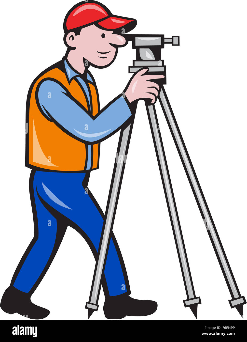 Illustration of a surveyor geodetic engineer looking through theodolite instrument surveying viewed from side set on isolated white background done in cartoon style. Stock Photo