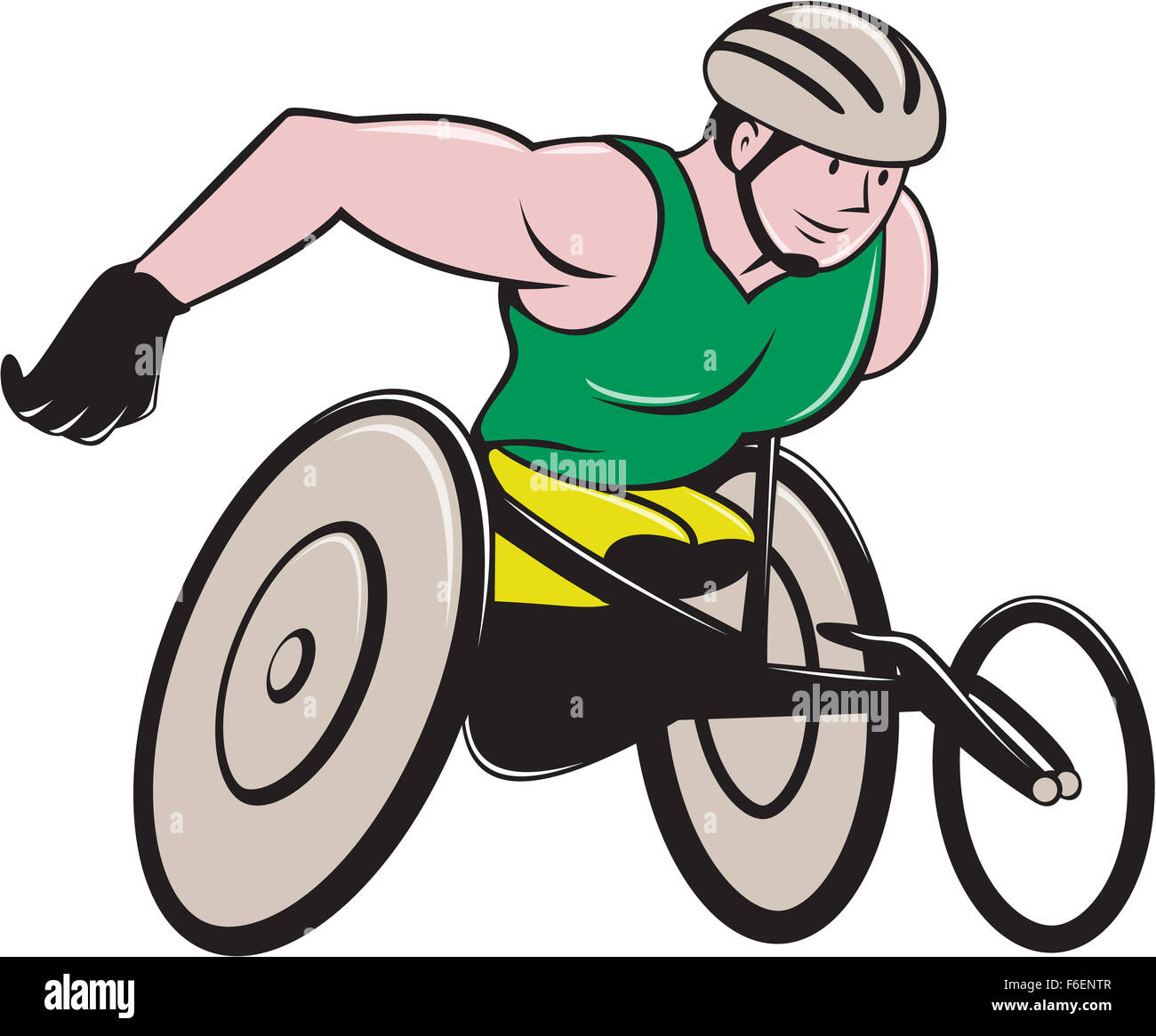 Illustration of a wheelchair racer racing on track and road viewed from side on isolated background done in cartoon style. Stock Photo