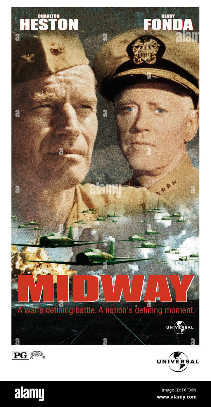 RELEASED DATE: June 18, 1976. MOVIE TITLE: Midway. STUDIO: Universal Pictures. PLOT: The battle of midway is done with captions to identify historical characters. Historically accurate in its major points, a subplot of an American flyer who is engaged to a Hawiian girl of Japanese descent has been added. This is the battle in which the previously undefeated Japanese fleet was stopped in a battle during which all damage was done by aircraft. The opposing fleets never saw each other. PICTURED: MOVIE POSTER with CHARLTON HESTON as Capt. Matthew Garth and HENRY FONDA as Adm. Chester W. Nimitz. Stock Photo