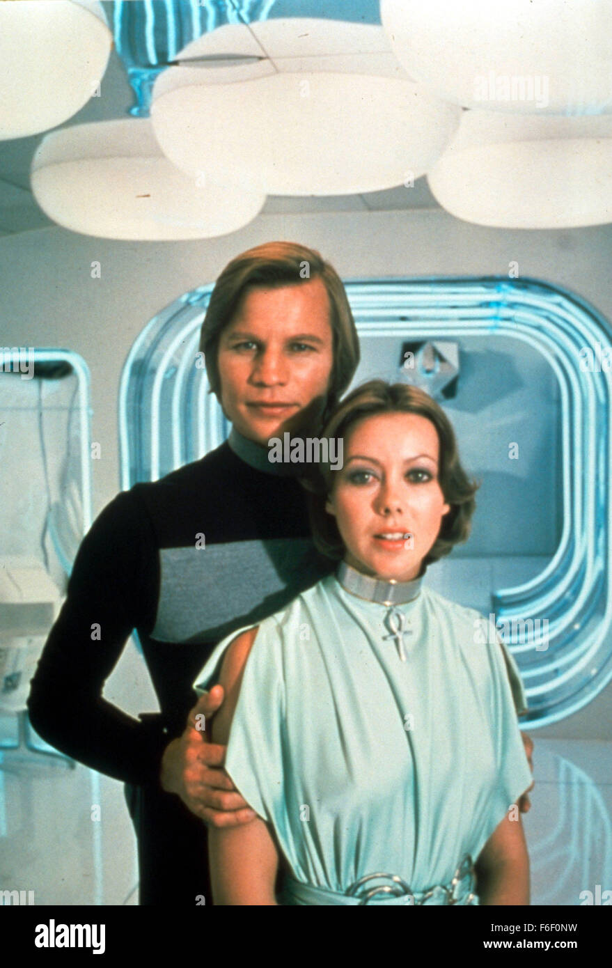 RELEASE DATE: June 23, 1976. MOVIE TITLE: Logan's Run. STUDIO: MGM. PLOT: Logan, a Sandman (police assassin), is forced to search for 'Sanctuary' - a place to which people have apparently escaped from the sealed city of the future in which he lives. Jessica is caught up along the way and becomes his companion fugitive as they are both pursued by Francis, a fellow Sandman. Sanctuary is not what they expect. PICTURED: MICHAEL YORK as Logan, JENNY AGUTTER as Jessica. Stock Photo