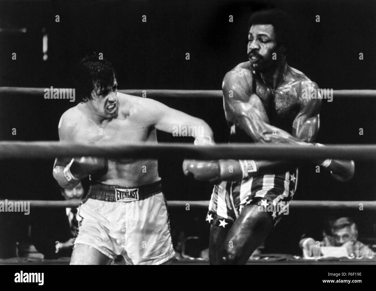 Film Title:  ROCKY.  DIRECTOR John G. Avildsen.  STUDIO:  United Artists.  PLOT:  The action-packed, crowd-pleasing story, shot mostly on location, tells of the rise of a small-time, underdog Philadelphia boxer, Rocky Balboa (Sylvester Stallone) against insurmountable odds in a big-time bout with Apollo Creed (Carl Weathers), with the emotional support of a shy,  loving girlfriend named Adrian (Talia Shire), and wily fight manager Mickey (Burgess Meredith). PICTURED:  SYLVESTER STALLONE, CARL WEATHERS. Stock Photo