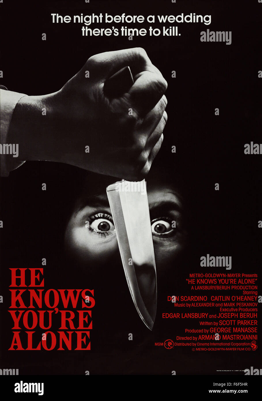 RELEASE DATE: September 12, 1980   MOVIE TITLE: HE Knows You're Alone   STUDIO: Metro-Goldwyn-Mayer (MGM)   DIRECTOR: Armand Mastroianni  PLOT: A reluctant bride to be is stalked by a serial killer who only kills brides and the people around them. While her friends get whacked one by one, a hard boiled renegade cop whose bride had been killed years before tries to hunt him down before it is too late. Meanwhile, the bride has to figure out if it is all in her imagination or not, aided by her ex-boyfriend   PICTURED: CATLIN O'HEANEY as Amy Jensen   (Credit Image: c Metro-Goldwyn-Mayer (MGM)/Ente Stock Photo