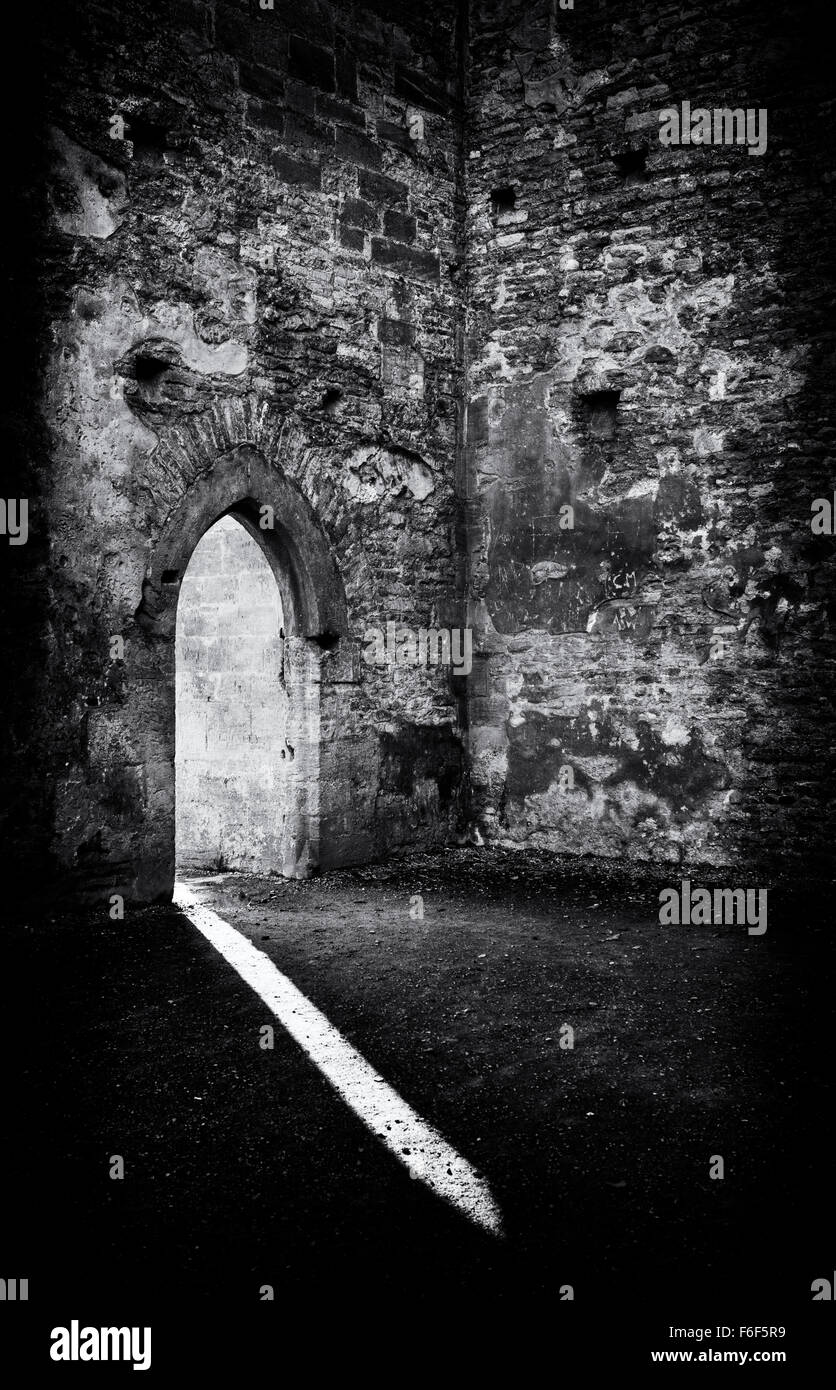 Minster Lovell Hall ruins doorway and light. Oxfordshire, England. Monochrome Stock Photo
