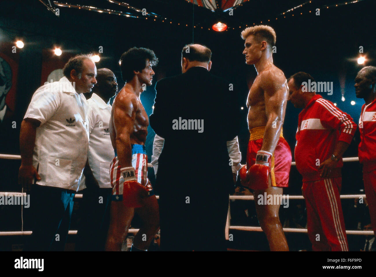 Nov 27, 1985; Las Vegas, NV, USA; Actors SYLVESTER STALLONE as Rocky Balboa and DOLPH LUNDGREN as Ivan Drago in 'Rocky 4'. Directed by Sylvester Stallone. Stock Photo