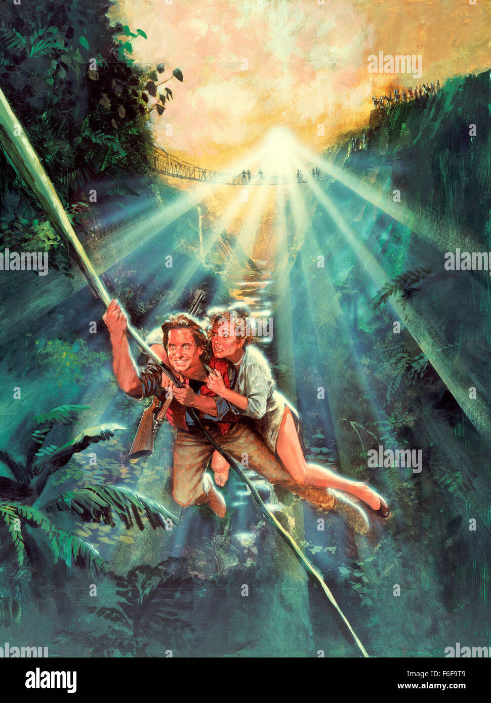 Mar 30, 1984; Los Angeles, CA, USA; Actor MICHAEL DOUGLAS stars as Jack T. Colton and KATHLEEN TURNER as Joan Wilder in the 20th Century Fox action comedy, 'Romancing the Stone.' Directed by Robert Zemeckis. Stock Photo