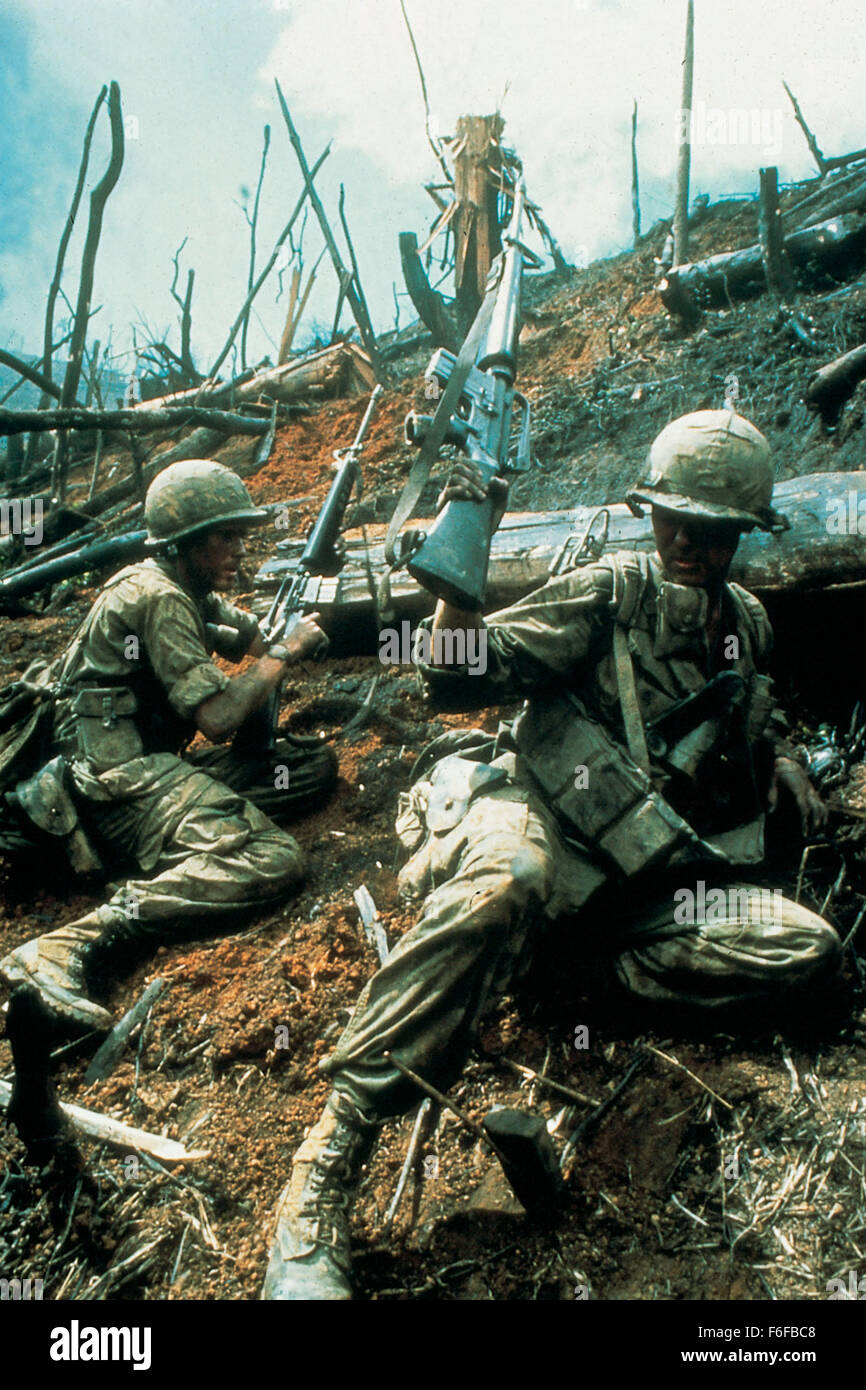 RELEASE DATE: August 28, 1987. MOVIE TITLE: Hamburger Hill. STUDIO: RKO Pictures. PLOT: A brutal and realistic war film focuses on the lives of a squad of 14 U.S. Army soldiers of B Company, 3rd Battalion, 187th Infanty Regiment, 101st Airborne Division during the brutal 10 day (May 11-20, 1969) battle for Hill 937 in the A Shau Valley of Vietnam as they try again and again to take the fortified hill held by the North Vietnamese, and the faults and casualties they take every time in which the battle was later dubbedHamburger Hill because enemy fire was so fierce that the fusillade of bullet Stock Photo