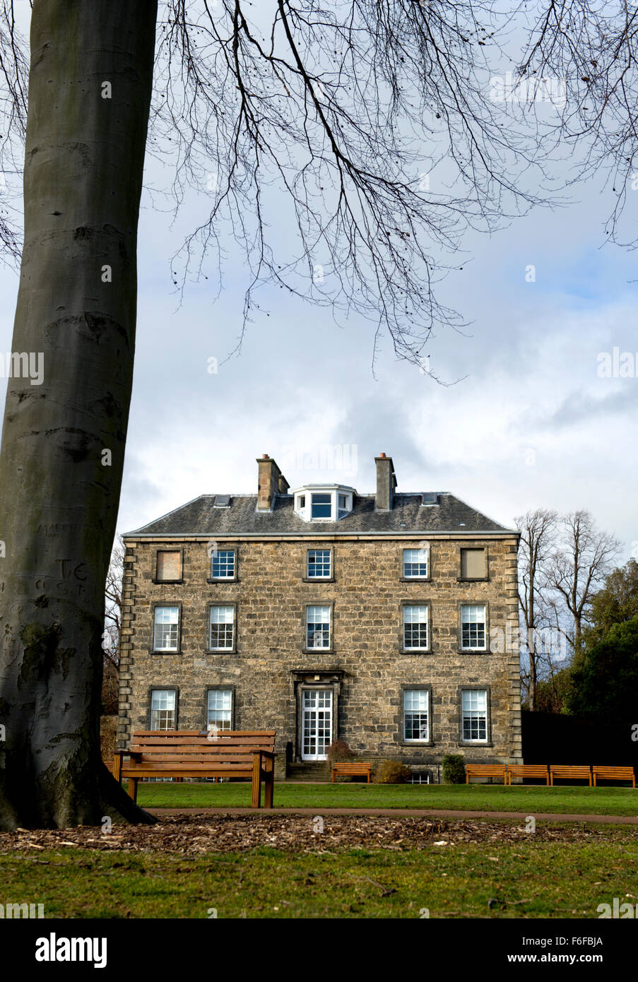 Looking across the lawns of the Royal Botanical Gardens Edinburgh to Inverleith House which provides exhibition space Stock Photo