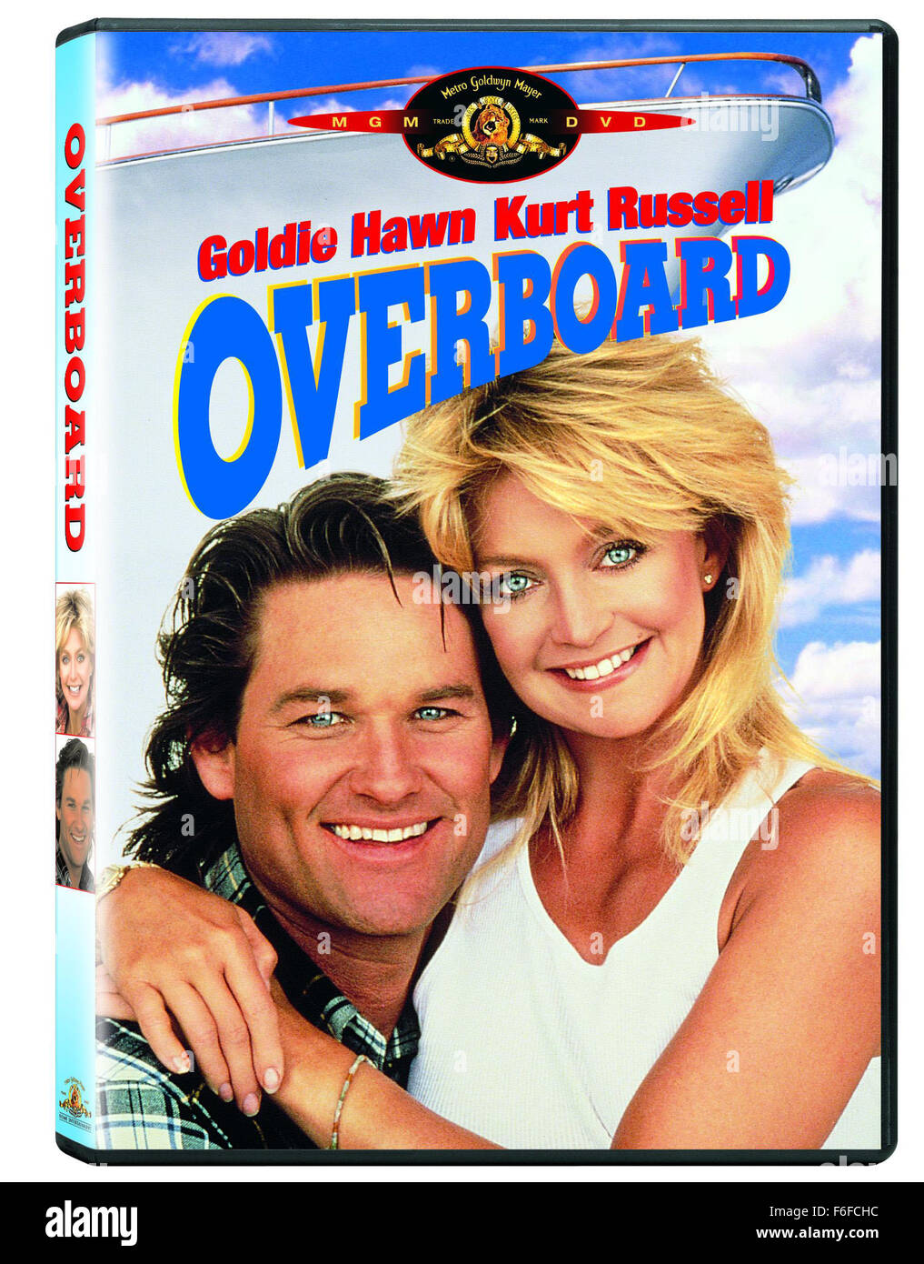 RELEASE DATE: December 16, 1987. MOVIE TITLE: Overboard. STUDIO: MGM. PLOT: Joanna Slayton is very rich and very spoiled. When she falls overboard from her yacht in the harbor of a small Oregon town she develops amnesia. She's taken in by Dean Profitt, a local carpenter she's previously maligned. Profitt, in revenge, persuades her that she is his wife and the mother of his four boys. Eventually, theyhumanize her and even when her memory returns she realizes she has fallen in love with Dean and his boys. PICTURED: GOLDIE HAWN as Joanna Stayton / Annie Proffitt and KURT RUSSELL as Dean Proffi Stock Photo