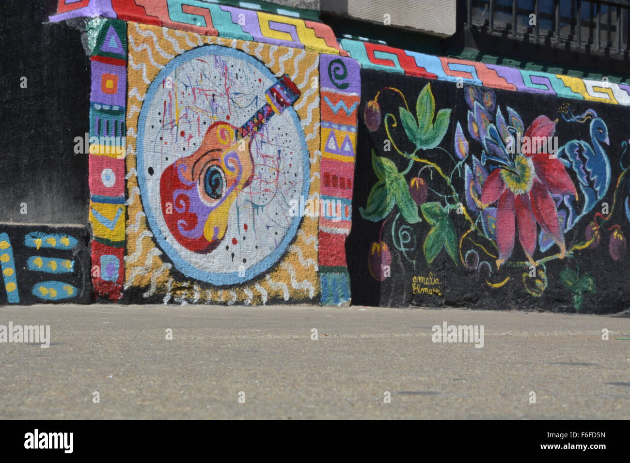 Mural with guitar and flowers on the A.P.O. Building on the 18th Street business district in Chicago's largely Mexican Pilsen neighborhood. Stock Photo