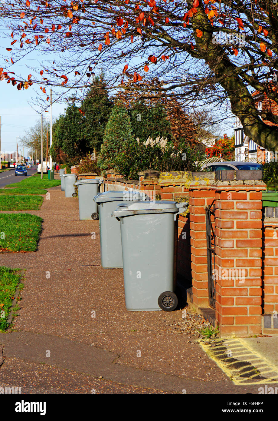 Recycling bins awaiting collection in Reepham Road, Hellesdon, Norfolk