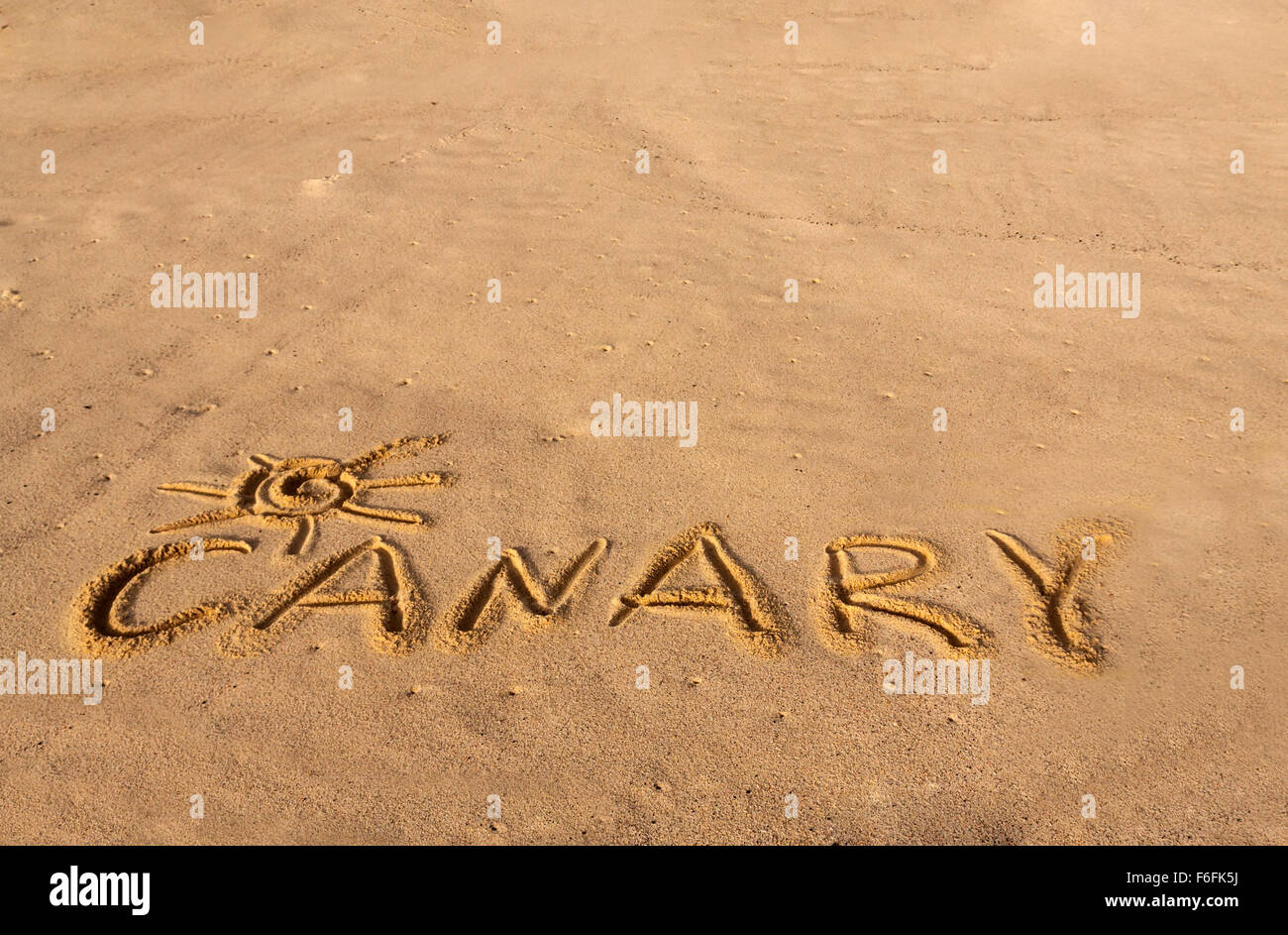beach sand with written word  Canary Stock Photo