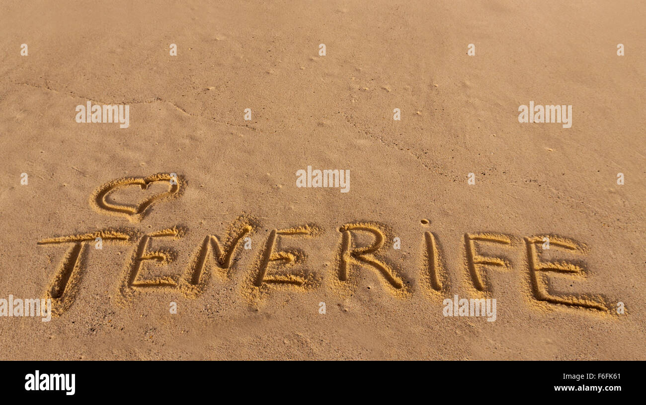 beach sand with written word Tenerife Stock Photo