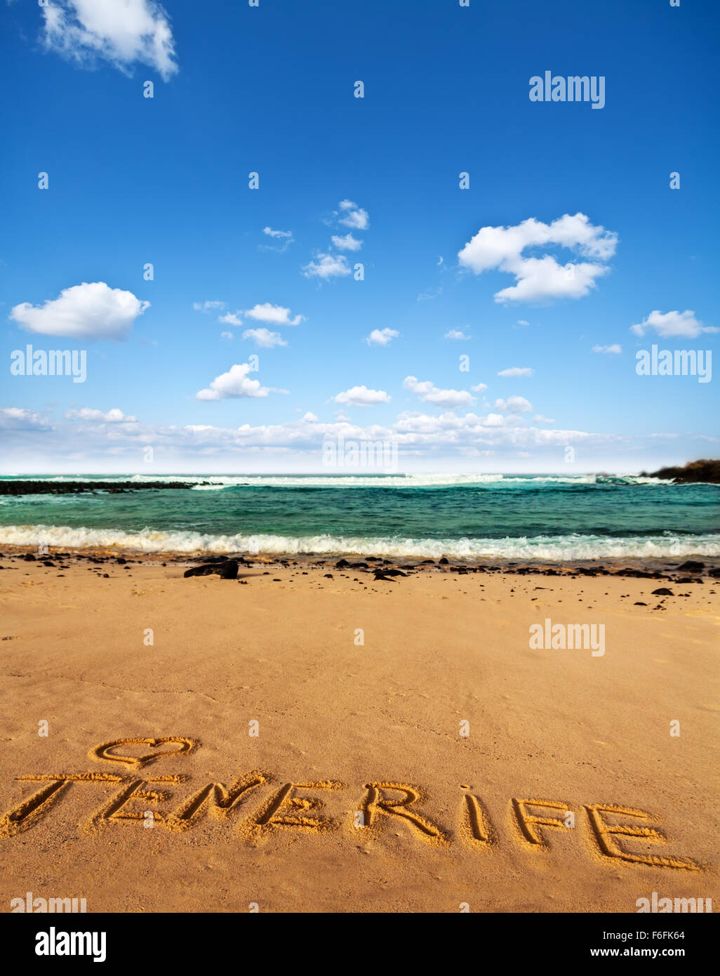 beach sand with written word Tenerife Stock Photo
