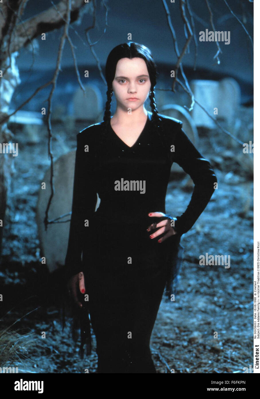RELEASE DATE: 22 November 1991. MOVIE TITLE: The Addams Family - STUDIO: Paramount Pictures. PLOT: Con artists plan to fleece the eccentric family using an accomplice who claims to be their long lost Uncle Fester. PICTURED: CHRISTINA RICCI as Wednesday Addams. Stock Photo