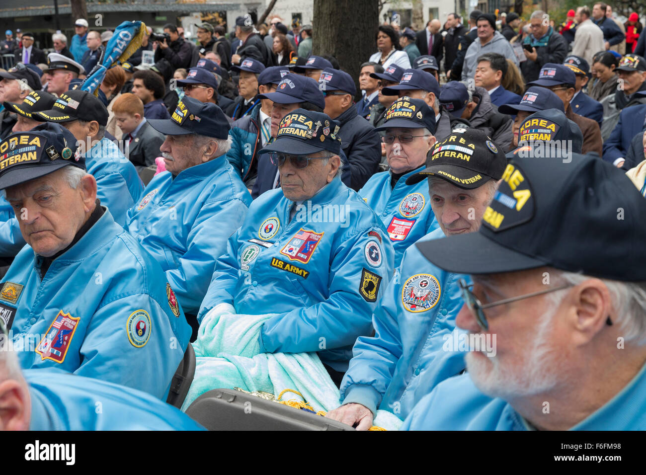 New York, NY USA - November 11, 2015: Korean war veterans attend ceremony on Veteran’s Day prior parade on Madison Square park Stock Photo