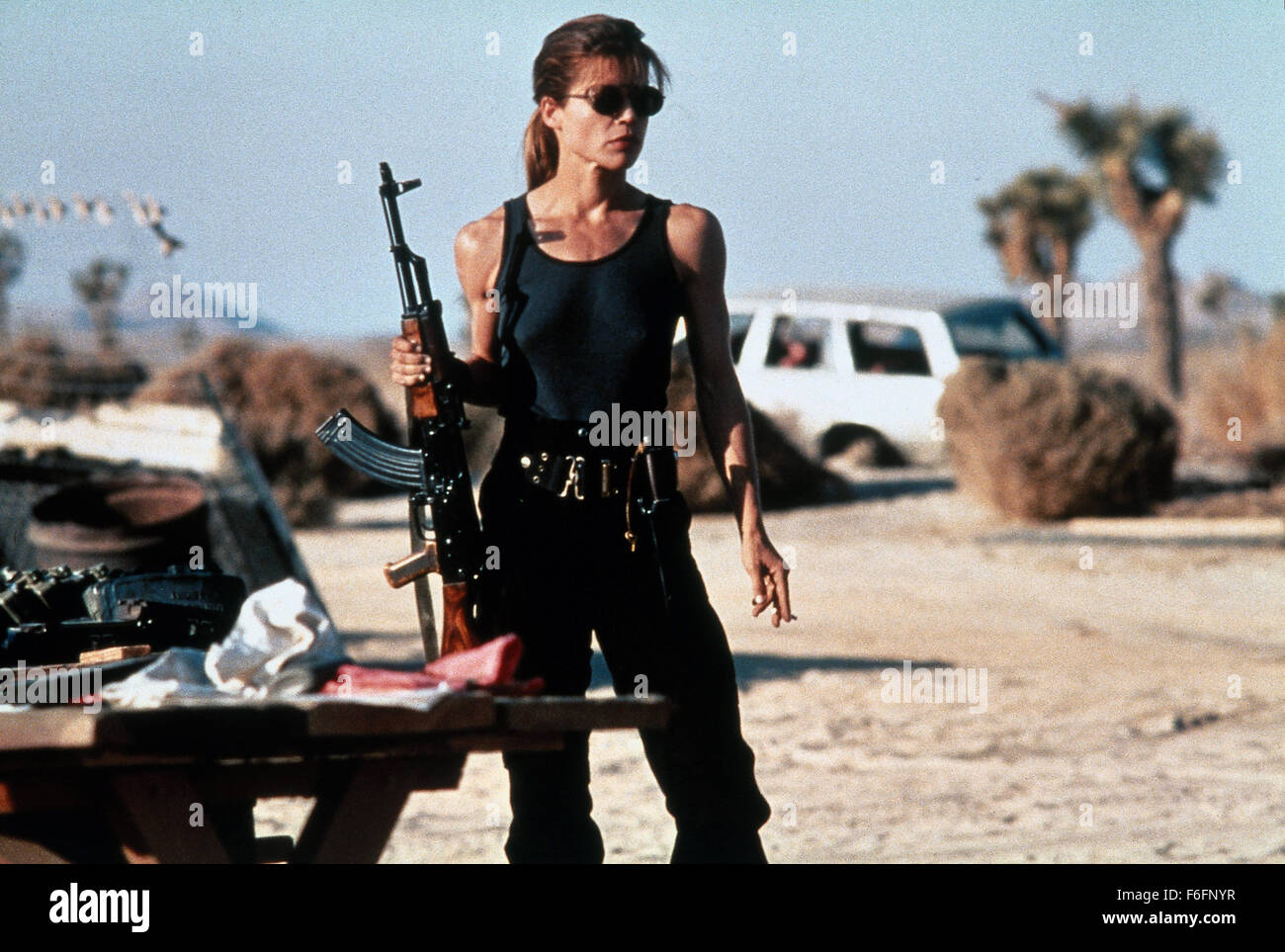 RELEASE DATE: July 3, 1991. MOVIE TITLE: Terminator 2: Judgment Day. STUDIO: TriStar Pictures. PLOT: The cyborg who once tried to kill Sarah Connor must now protect her teenage son, John Connor, from an even more powerful and advanced Terminator. PICTURED: LINDA HAMILTON as Sarah Connor Stock Photo
