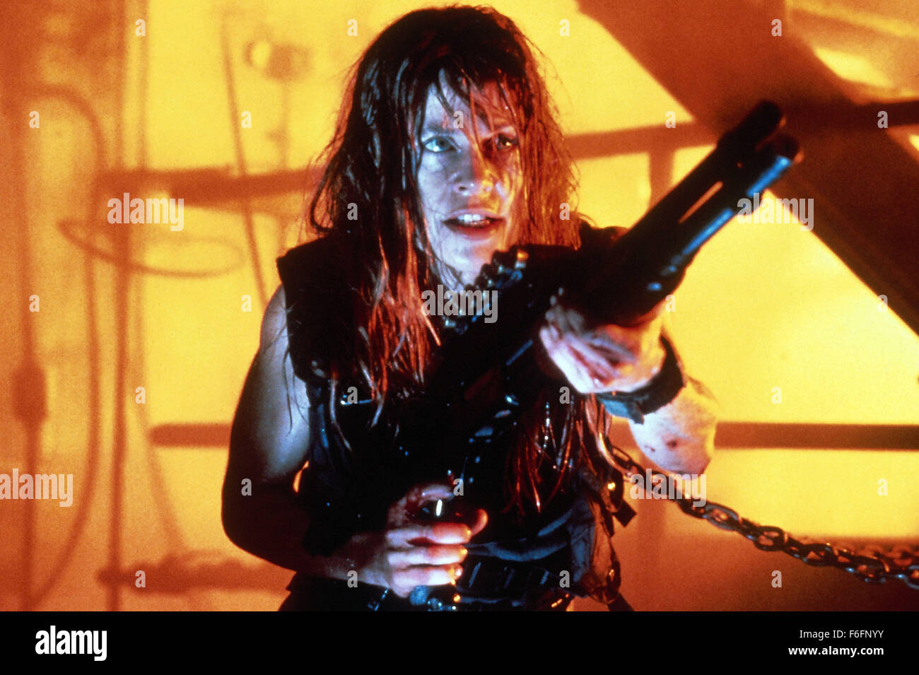 RELEASE DATE: July 3, 1991. MOVIE TITLE: Terminator 2: Judgment Day. STUDIO: TriStar Pictures. PLOT: The cyborg who once tried to kill Sarah Connor must now protect her teenage son, John Connor, from an even more powerful and advanced Terminator. PICTURED: LINDA HAMILTON as Sarah Connor Stock Photo