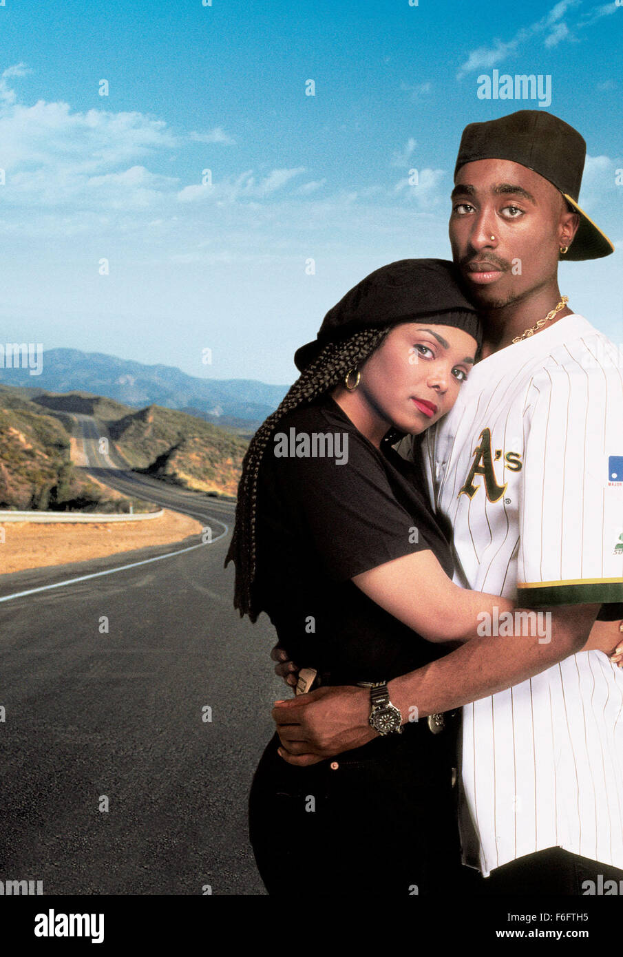 RELEASE DATE: 23 July 1993. MOVIE TITLE: Poetic Justice. STUDIO: Columbia Pictures Corporation. PLOT: In this film, we see the world through the eyes of main character Justice, a young African-American poet. PICTURED: JANET JACKSON as Justice and TUPAC SHAKUR as Lucky. Stock Photo