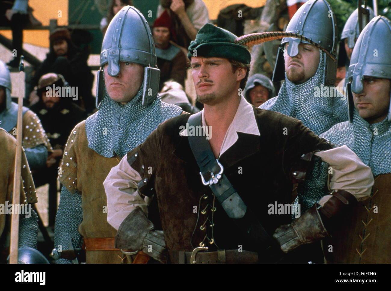 RELEASE DATE: July 28, 1993. MOVIE TITLE: Robin Hood Men in Tights. STUDIO: Brooksfilms. PLOT: The standard story of Robin Hood: Evil Prince John is oppressing the people while good King Richard is away on the Crusades. Robin steals from the tax collectors, wins an archery contest, defeats the Sheriff, and rescues Maid Marian. In this version, however, Mel Brooks adds his own personal touch, parodying traditional adventure films, romance films, and the whole idea of men running around the woods in tights. PICTURED: CARY ELWES as Robin Hood. Stock Photo