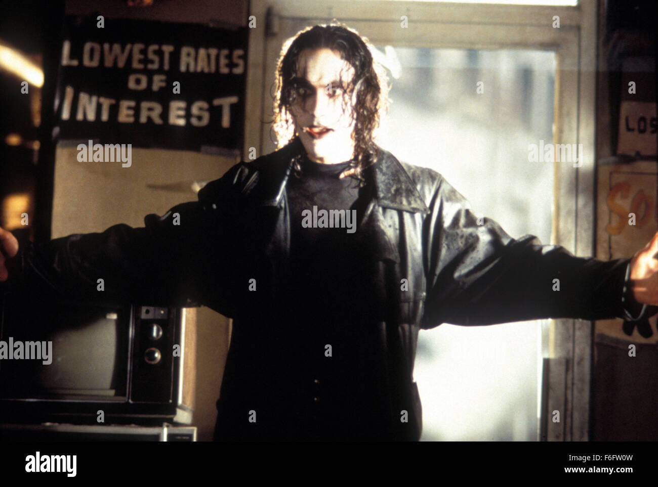 RELEASE DATE: May 11, 1994. MOVIE TITLE: The Crow. STUDIO: Miramax Films. PLOT: Eric Draven and his fiancee are brutally murdered on Devil's Night, a night when the henchmen of crime-boss Top Dollar traditionally indulge in wanton acts of violence and arson. A crow brings Draven's restless soul back from the dead and he sets out to wreak revenge upon his killers. PICTURED: BRANDON LEE as Eric Draven. Stock Photo