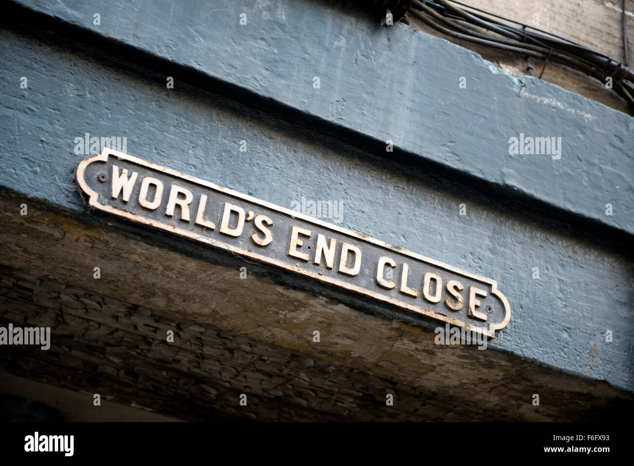We are all doomed! a sign for Worlds End Close along the Royal Mile in Edinburgh Stock Photo