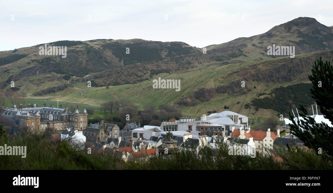 A view of Arthurs seat with the Scottish Parliament building and the Palace of Holyrood as seen from Calton Hill Stock Photo