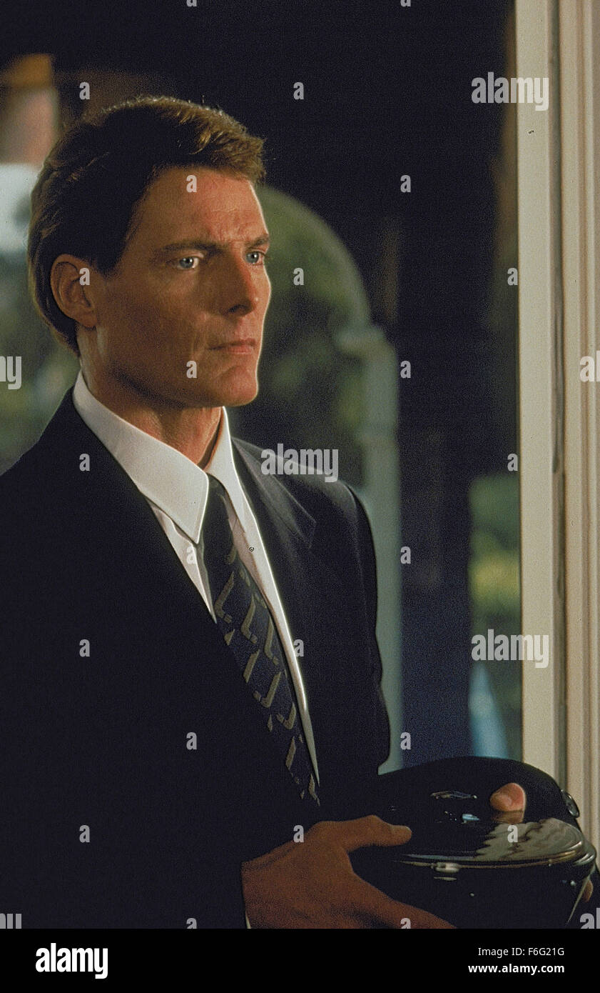 RELEASE DATE: 28 April 1995. MOVIE TITLE: Village of the Damned. STUDIO: Universal Pictures. PLOT: A small town's women give birth to unfriendly alien children posing as humans. PICTURED: CHRISTOPHER REEVE as Dr. Alan Chaffee. Stock Photo