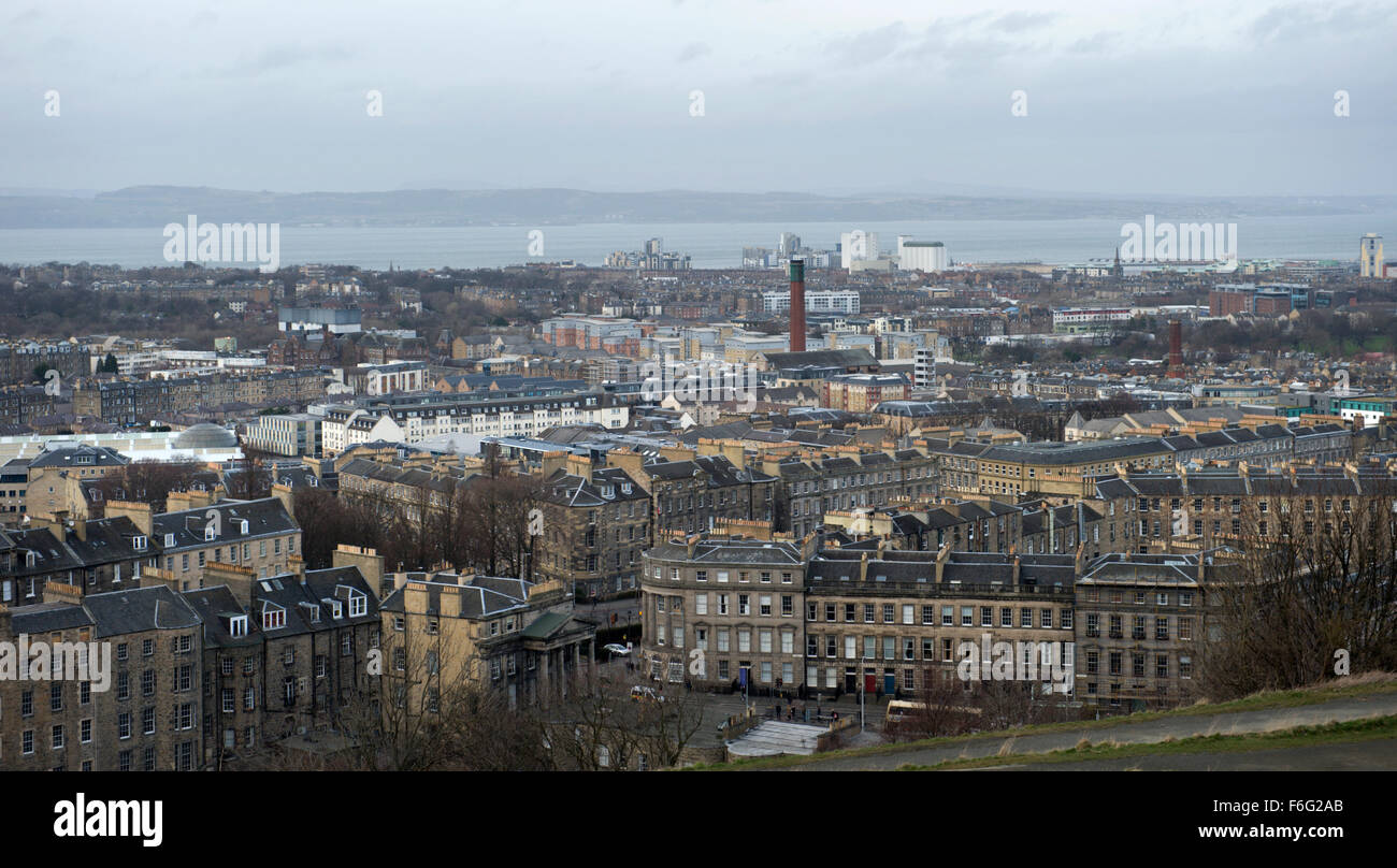 Looking North from Calton Hill across Edinburgh towards Leith and the Firth of Forth Stock Photo