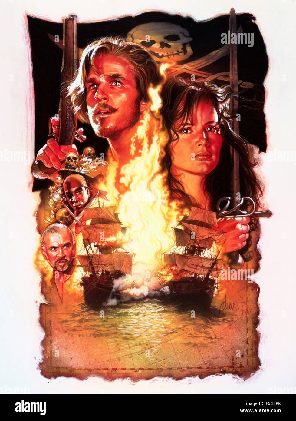 RELEASE DATE: Dec 22, 1995. MOVIE TITLE: Cutthroat Island. STUDIO: MGM. PLOT: Morgan Adams and her slave, William Shaw, are on a quest to recover the three portions of a treasure map. Unfortunately, the final portion is held by her murderous uncle, Dawg. Her crew is sceptical of her leadership abilities, so she must complete her quest before they mutiny against her. This is made yet more difficult by the efforts of the British crown to end her piratical raids. PICTURED: MATTHEW MODINE as William Shaw, GEENA DAVIS as Morgan Adams, Movie Poster, Movie Art. Stock Photo