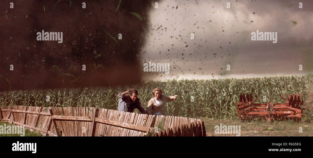RELEASE DATE: 10 May 1996. MOVIE TITLE: Twister STUDIO: Universal Pictures. PLOT: A couple on the point of divorce keep meeting each other because both are researchers who chase tornadoes. PICTURED: BILL PAXTON as Bill Harding and HELEN HUNT as Dr. Jo Harding. Stock Photo