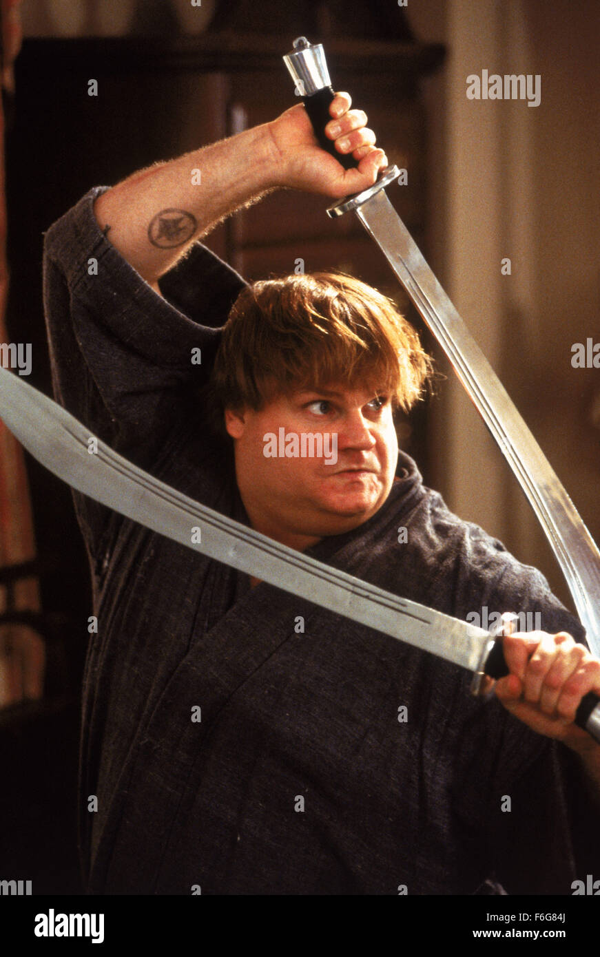 RELEASE DATE: January 17, 1997. MOVIE TITLE: Beverly Hills Ninja. STUDIO: Motion Picture Corporation of America (MPCA). PLOT: Following a ship wreck, a baby is rescued by a clan of Ninja warriors and raised by them as one of their own. But Haru, as he is called, never quite fits in, nor does he manage to make a worthy Ninja. However, the good-natured and persevering Haru, in his own bumbling way, and with some help from Gobei, manages to prove himself to be a winner in the end. PICTURED: CHRIS FARLEY as Haru. Stock Photo