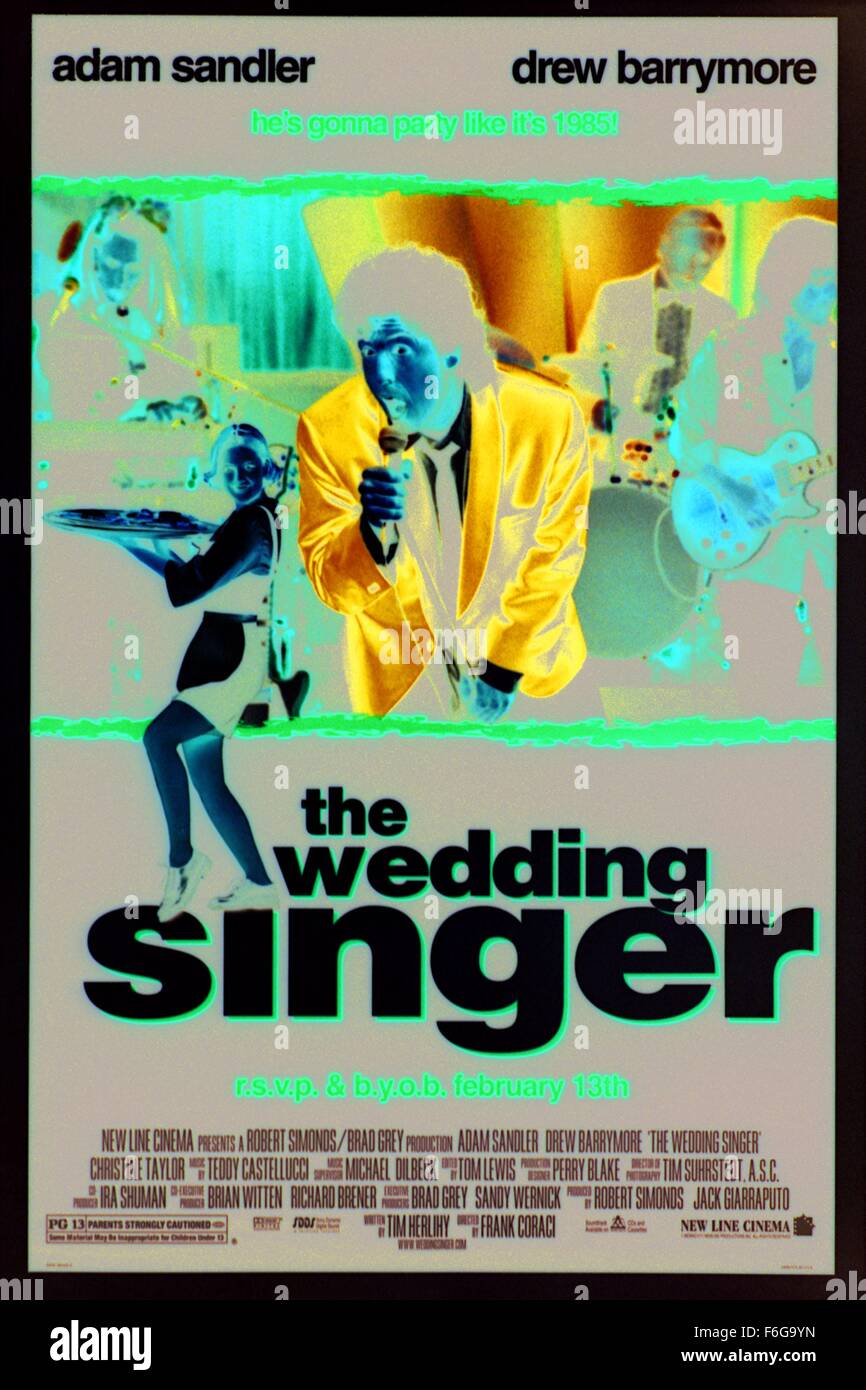 RELEASE DATE: 13 February 1998. MOVIE TITLE: The Wedding Singer. STUDIO: New Line Cinema. PLOT: Robbie, the singer and Julia, the waitress are both engaged to be married but to the wrong people. Fortune intervenes to help them discover each other. PICTURED: Movie poster. Stock Photo