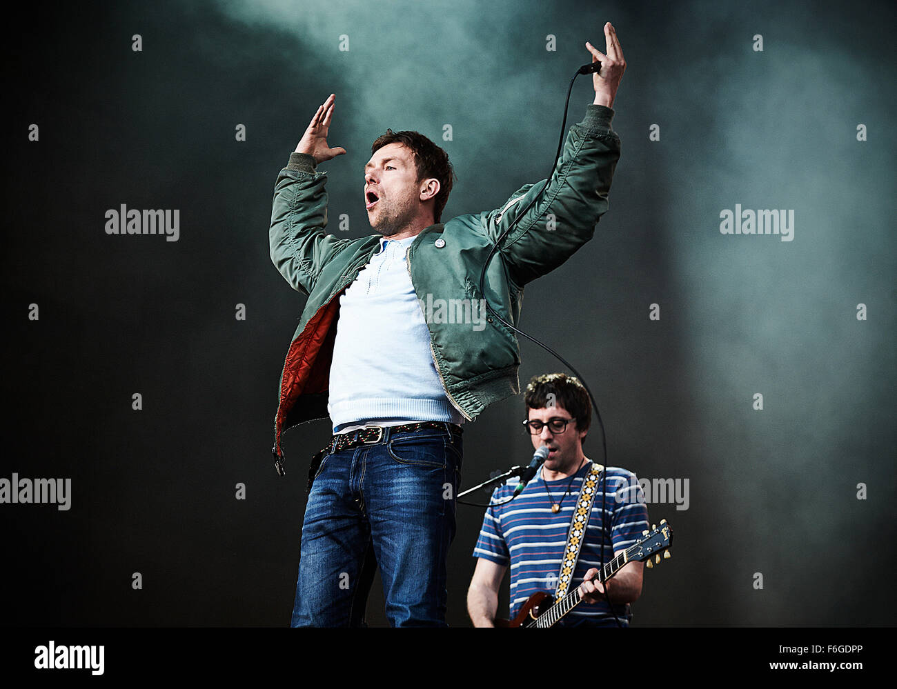 Damon Albarn and Graham Coxon of Blur at The British Summertime Festival in Hyde Park 20 June 2015. Stock Photo