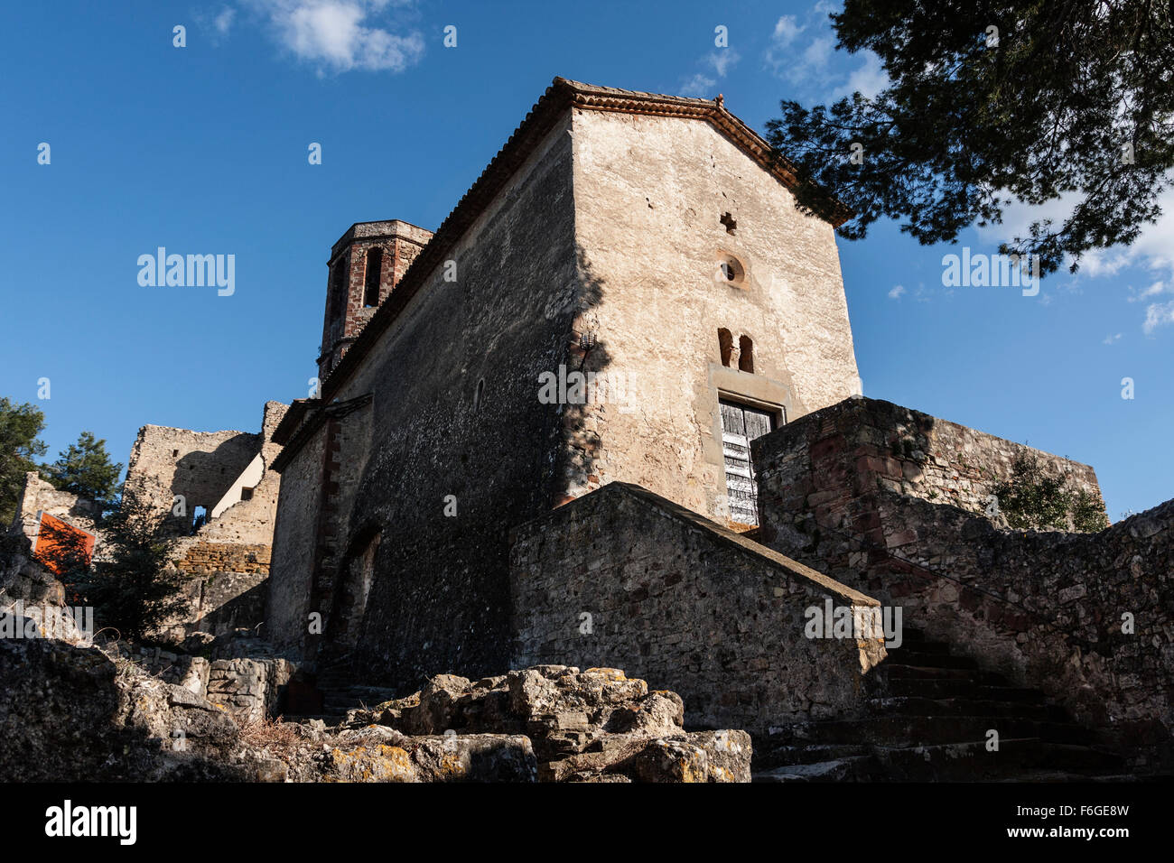Castle and Sant Pere del Castell church, Gelida. Stock Photo