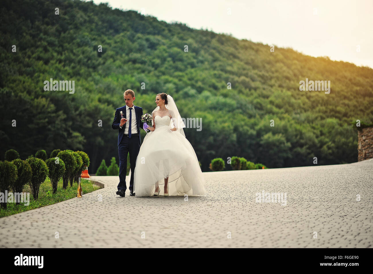 young happy wedding couple at the nice nature Stock Photo - Alamy