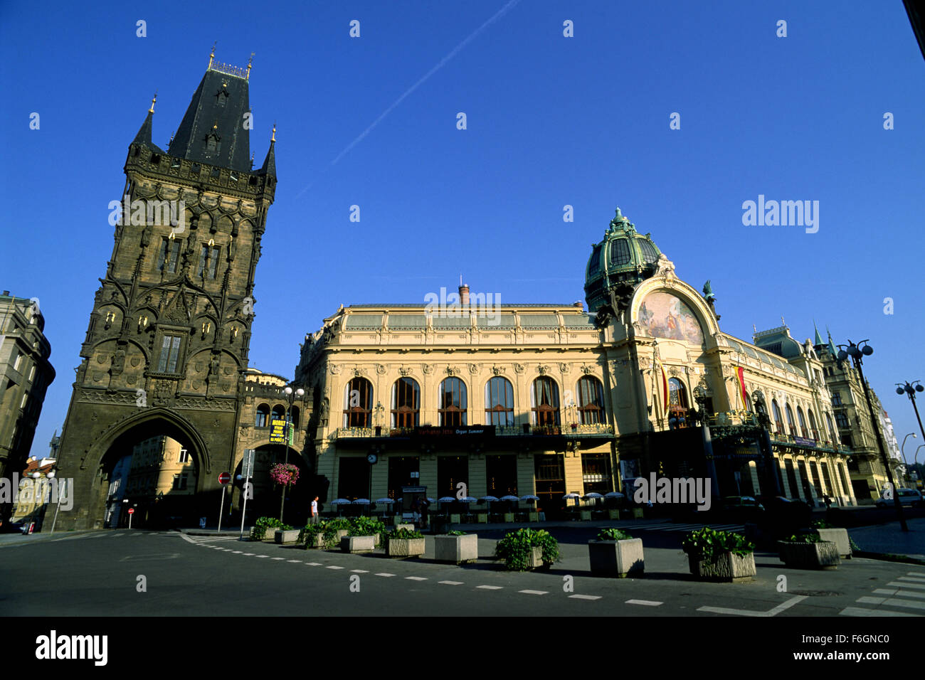 Czech Republic, Prague, Namesti Republiky square, Powder Tower and Municipal Hall Stock Photo