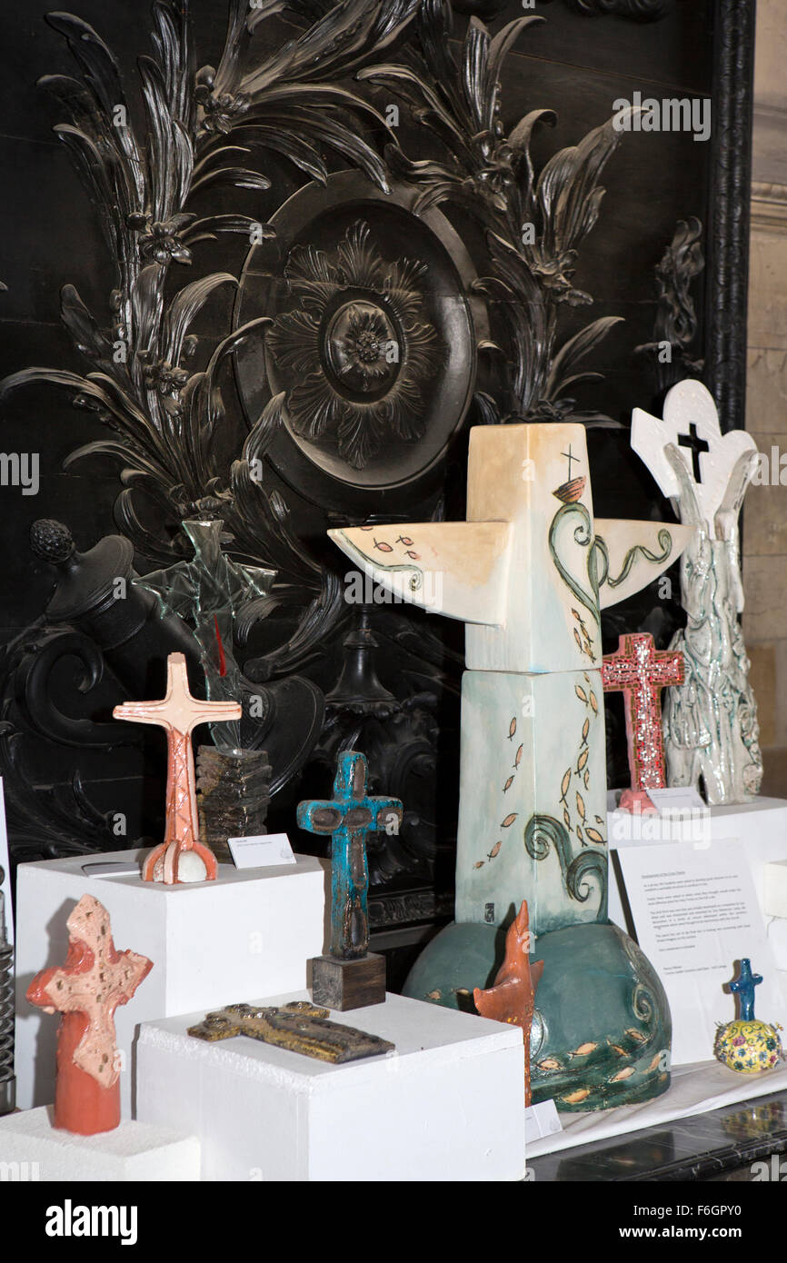 UK, England, Yorkshire, Hull, Holy Trinity Church, maquettes of ceramic and glass cross designs by Hull College art students Stock Photo