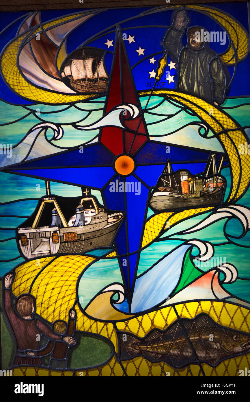 UK, England, Yorkshire, Hull, Holy Trinity Church, leaded stained glass memorial to Hull fishermen lost at sea Stock Photo