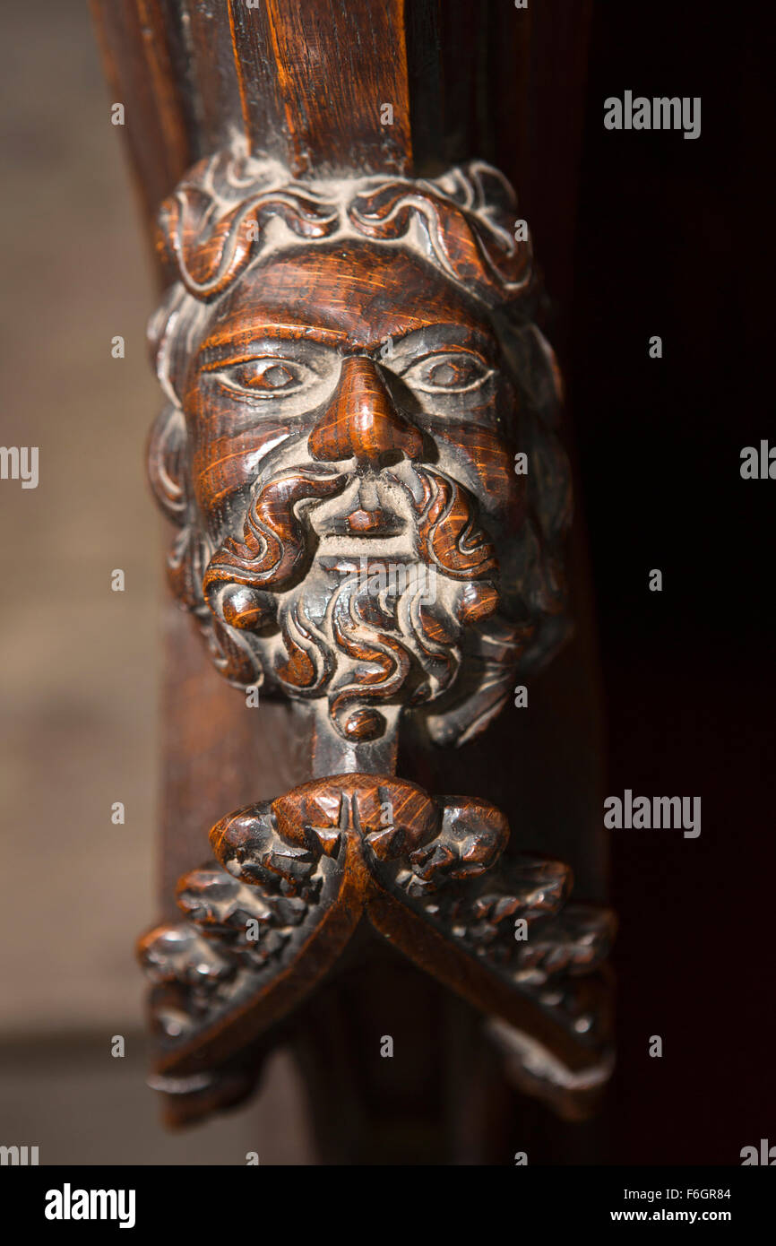 UK, England, Yorkshire, Hull, Holy Trinity Church, 1840s carved bearded man pew end decoration possibly of carver George Peck Stock Photo