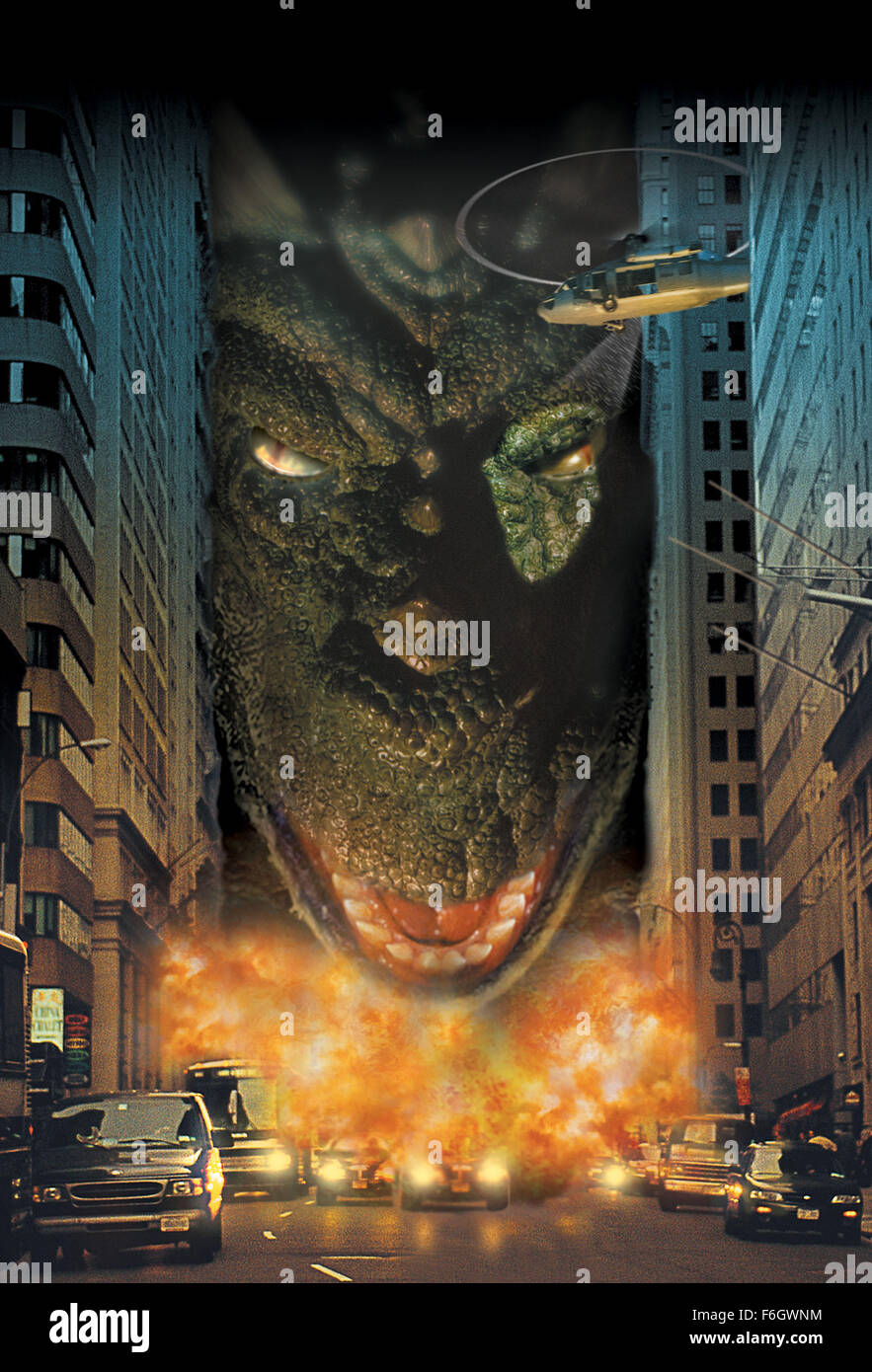 RELEASE DATE: August 21, 2001. MOVIE TITLE: Reptilian. STUDIO: Zero Nine Entertainment. PLOT: A team of scientists working on a remote dig site find the buried body of an enormous monster, perfectly preserved even after 200 million years. As soon as the beast is uncovered, however, an alien spacecraft suddenly appears above them and brings the monster back to life! The creature immediately sets about levelling the surrounding urban landscape and shrugging off the best firepower the military can throw at it. A lone scientist, working on decrypting an ancient set of hieroglyphics, may be on the Stock Photo