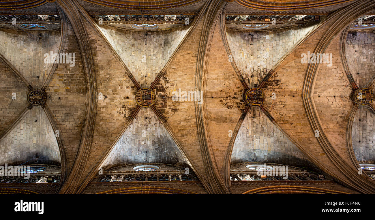 Ceiling of Santa Eulalia, Metropolitan Cathedral Basilica of Barcelona, Spain. Gothic style architecture. Barcelona. Stock Photo