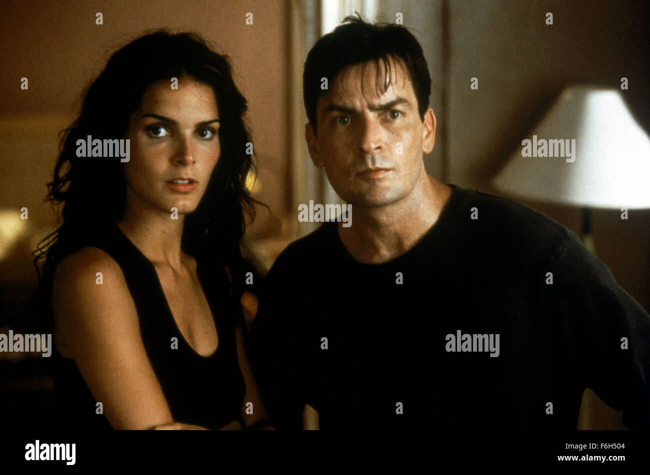 RELEASE DATE: Nov. 15, 2001. MOVIE TITLE: Good Advice. STUDIO: Emmet/Furla Films. PLOT: An investment banker loses everything and must discover what's important in life. PICTURED: CHARLIE SHEEN as Ryan Turner and ANGIE HARMON as Page Hensen. Stock Photo