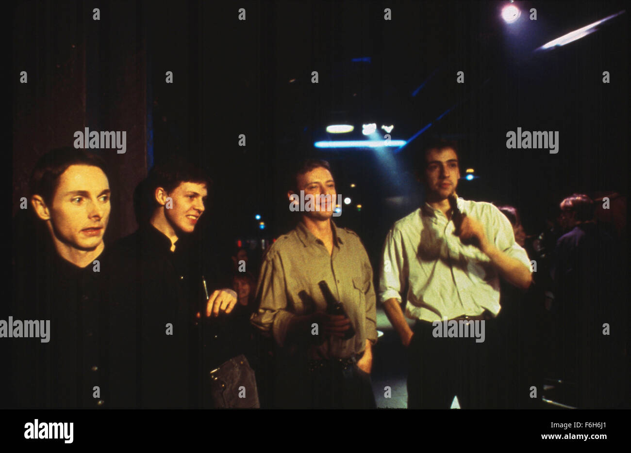 Mar 06, 2002; London, England, UK; SEAN HARRIS as Ian Curtis, TIM HORROCKS as Steve, JOHN SIMM as Bernard Sumner, and RALF LITTLE as Peter Hook in the dramatic comedy ''24 Hour Party People'' directed by Michael Winterbottom. Stock Photo