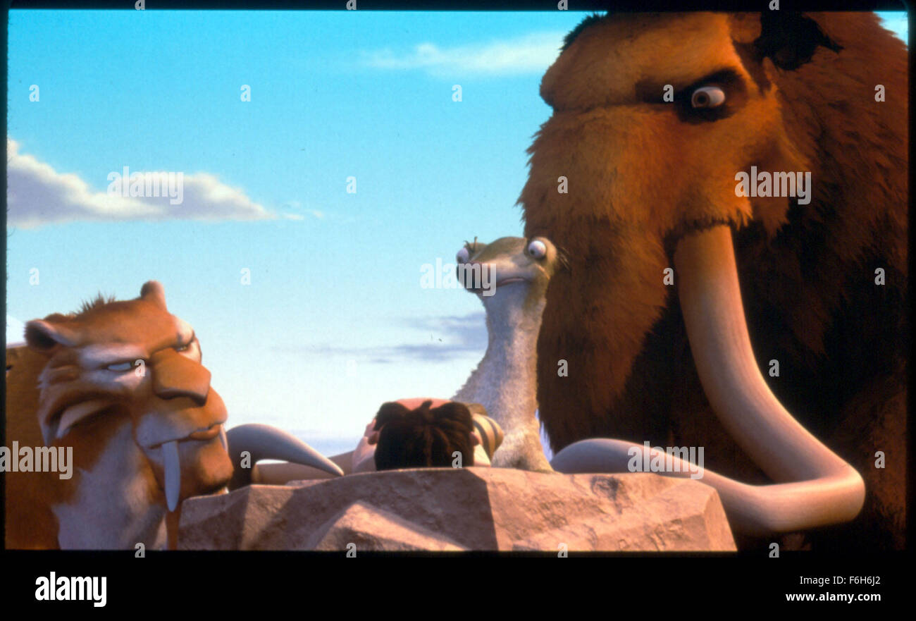 Mar 06, 2002; Hollywood, CA, USA; (L-R) Diego voiced by DANIS LEARY, Sid voiced by JOHN LEGUIZAMO and Manfred voiced by RAY ROMANO having a meeting in the movie 'Ice Age.' Directed by Chris Wedge. Stock Photo