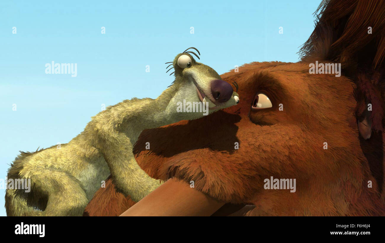 Mar 06, 2002; Hollywood, CA, USA; Sid voiced by JOHN LEGUIZAMO and Manfred voiced by RAY ROMANO cuddling in the movie 'Ice Age.' Directed by Chris Wedge. Stock Photo