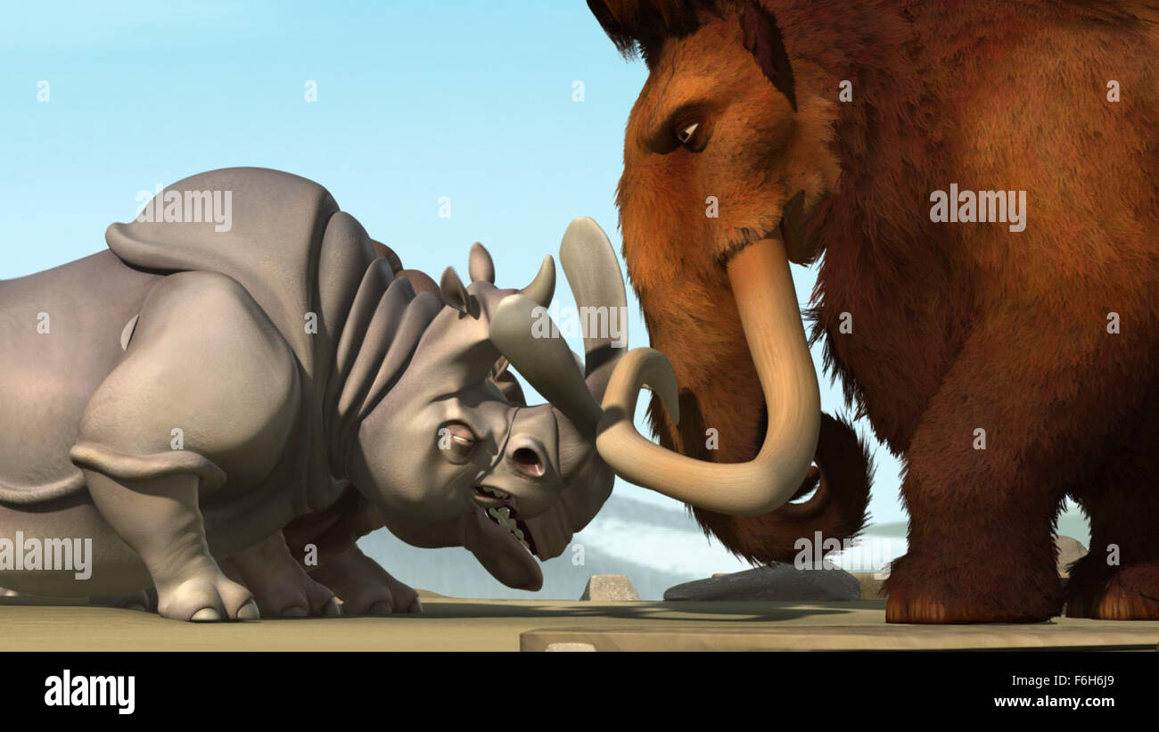 Mar 06, 2002; Hollywood, CA, USA; Rhino  fighting with Manfred voiced by RAY ROMANO in the movie 'Ice Age.' Directed by Chris Wedge. Stock Photo