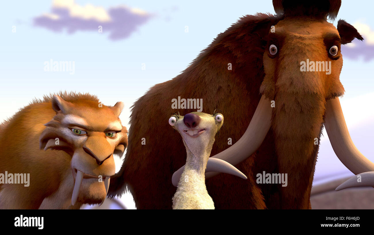 Mar 06, 2002; Hollywood, California, USA; (L-R) Diego the saber-toothed tiger, Sid the sloth & Manfred the woolly mammoth in the movie 'Ice Age.' Stock Photo